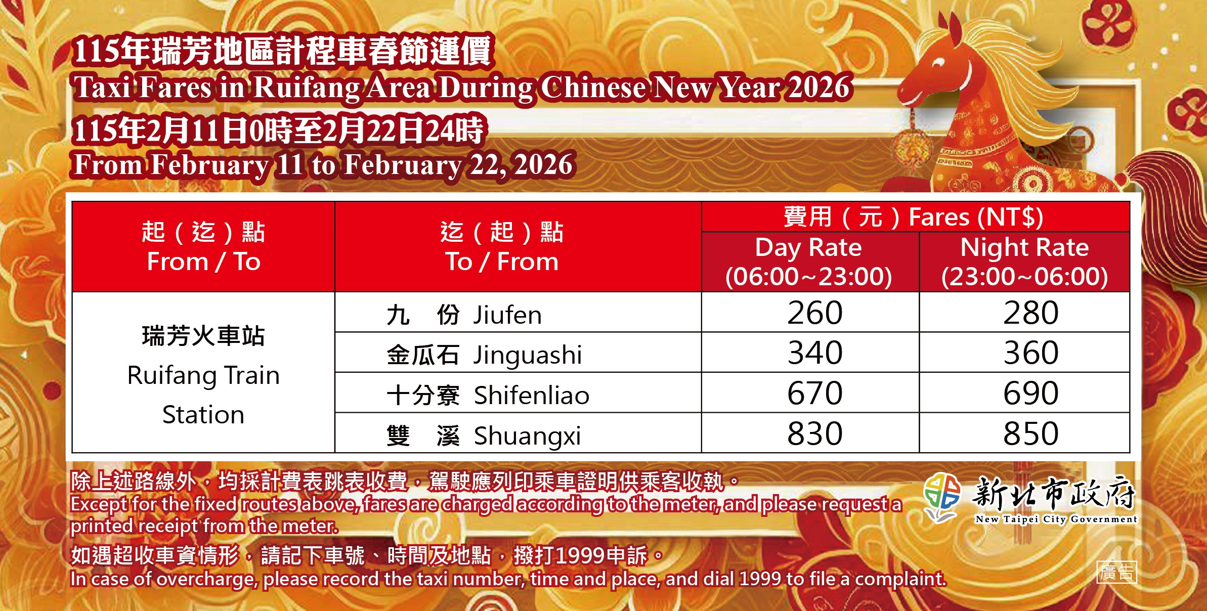 瑞芳固定路線之春節運價。（圖／新北市政府）