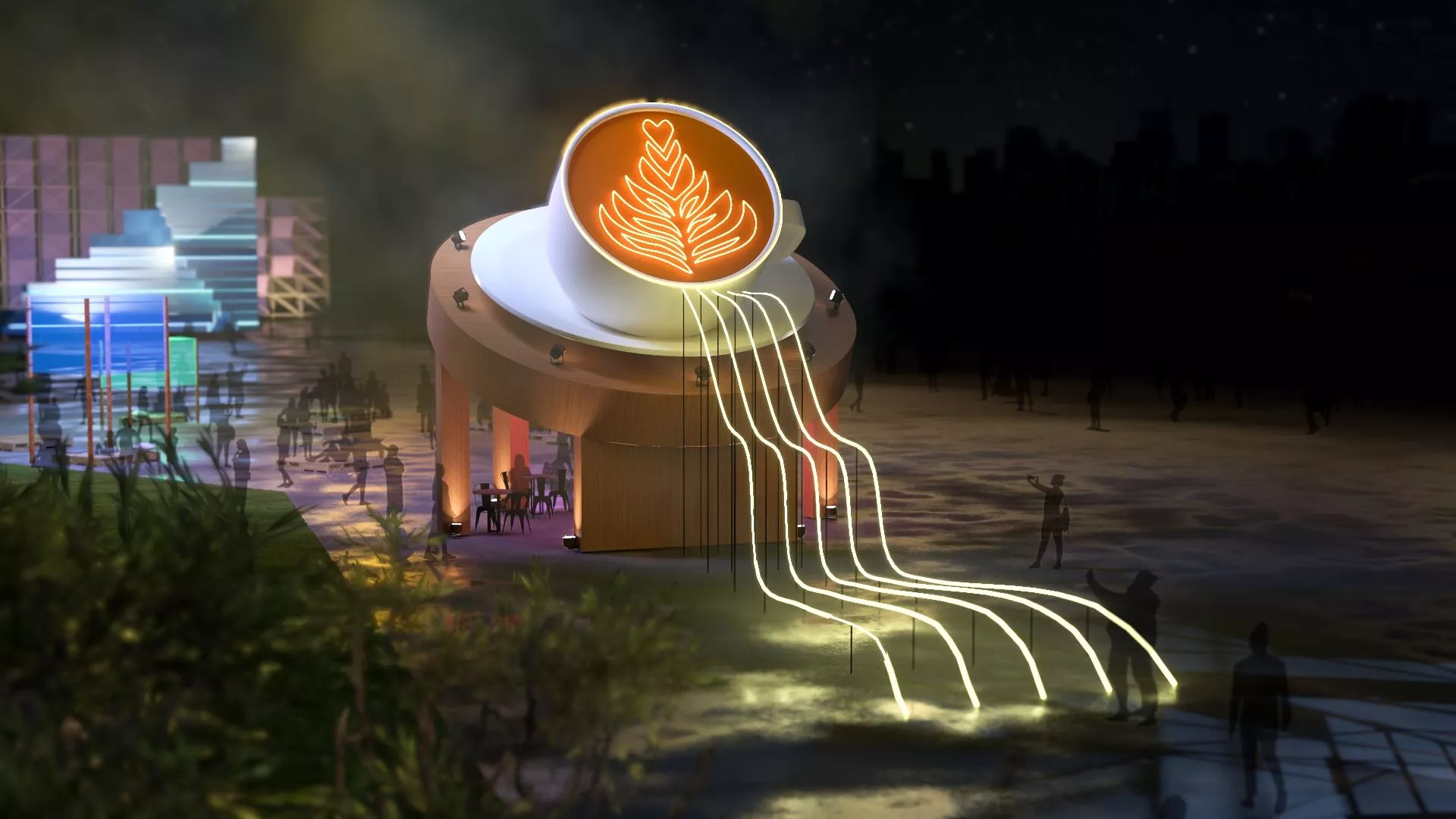 台灣燈會攜手台電打造的「城市暖光咖啡館」模擬圖。(圖/取自台灣燈會官網)