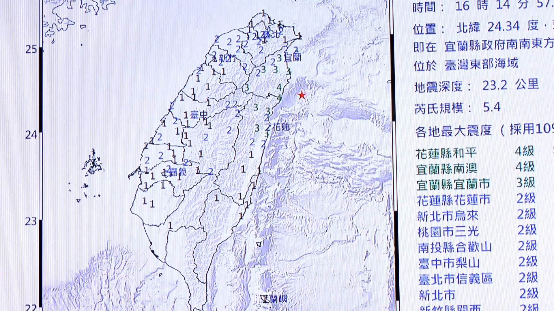 Đài Nam, Nghi Lan xảy ra động đất, cấp độ rung lắc trên 4 độ