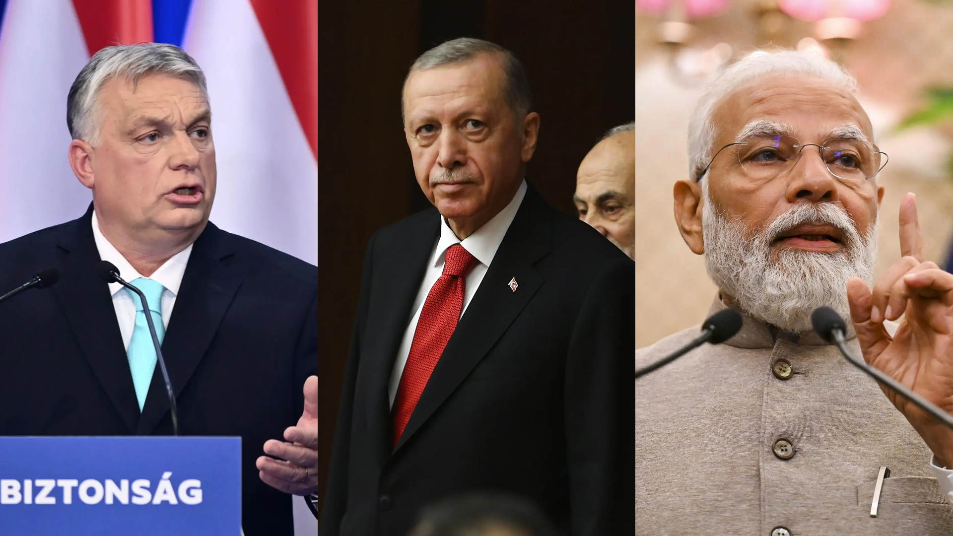 V-Dem指出匈牙利總理奧班、土耳其總統艾爾多安、印度總理莫迪（左至右）都是該國民主衰退的推手。（圖／美聯社）