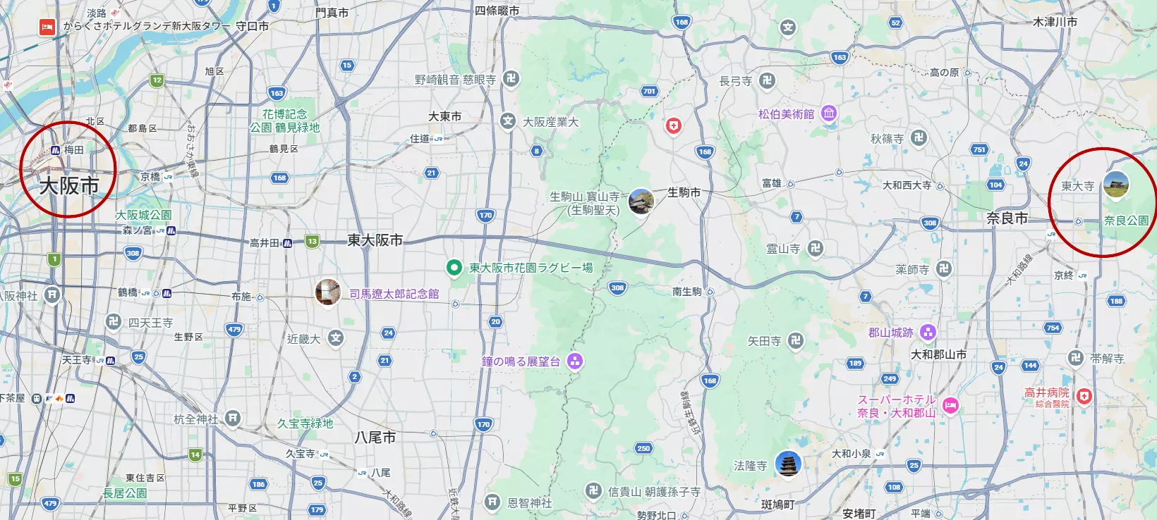 奈良公園與大阪市區距離約30公里。（圖／取自Google地圖）