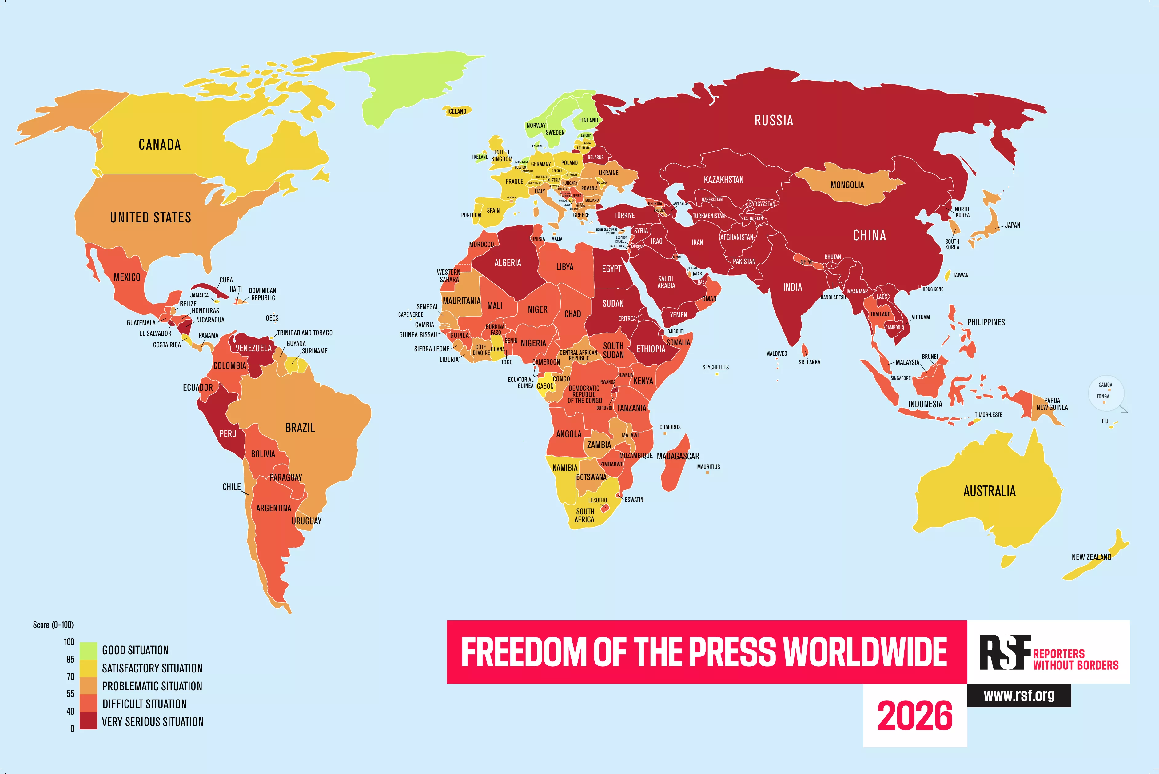 180個受評國家中，首次有逾半數國家新聞自由被列為「艱難」或「嚴峻」等級。（圖／RSF）