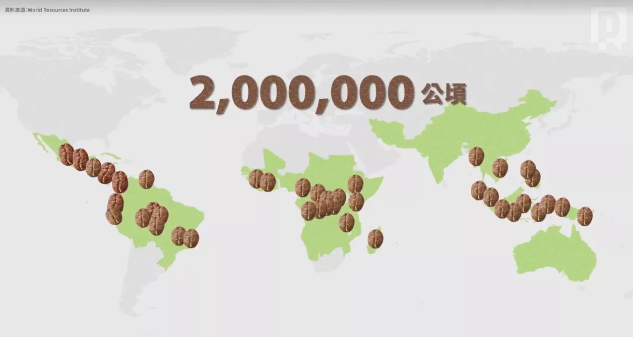 2001-2015 年間,全球有將近 200 萬公頃的森林被咖啡種植園取代。